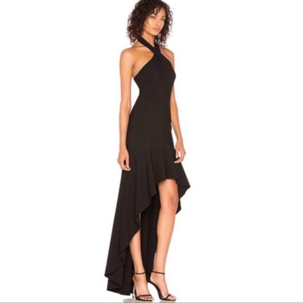NWT! Likely x Revolve Formal Black High Low Jenny Formal Ruffle Halter Maxi Gown - Picture 2 of 14